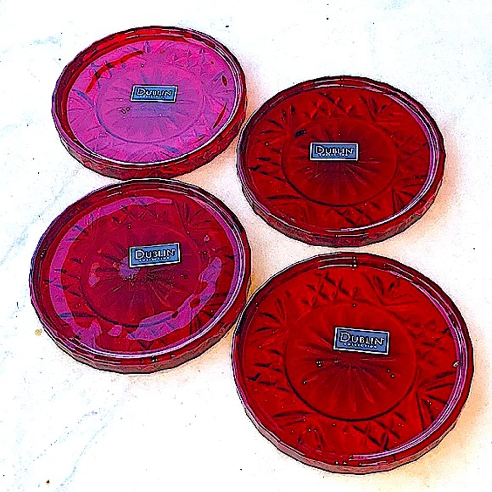 GODINGER DUBLIN RED CRYSTAL COASTERS SET OF 4 SHANNON